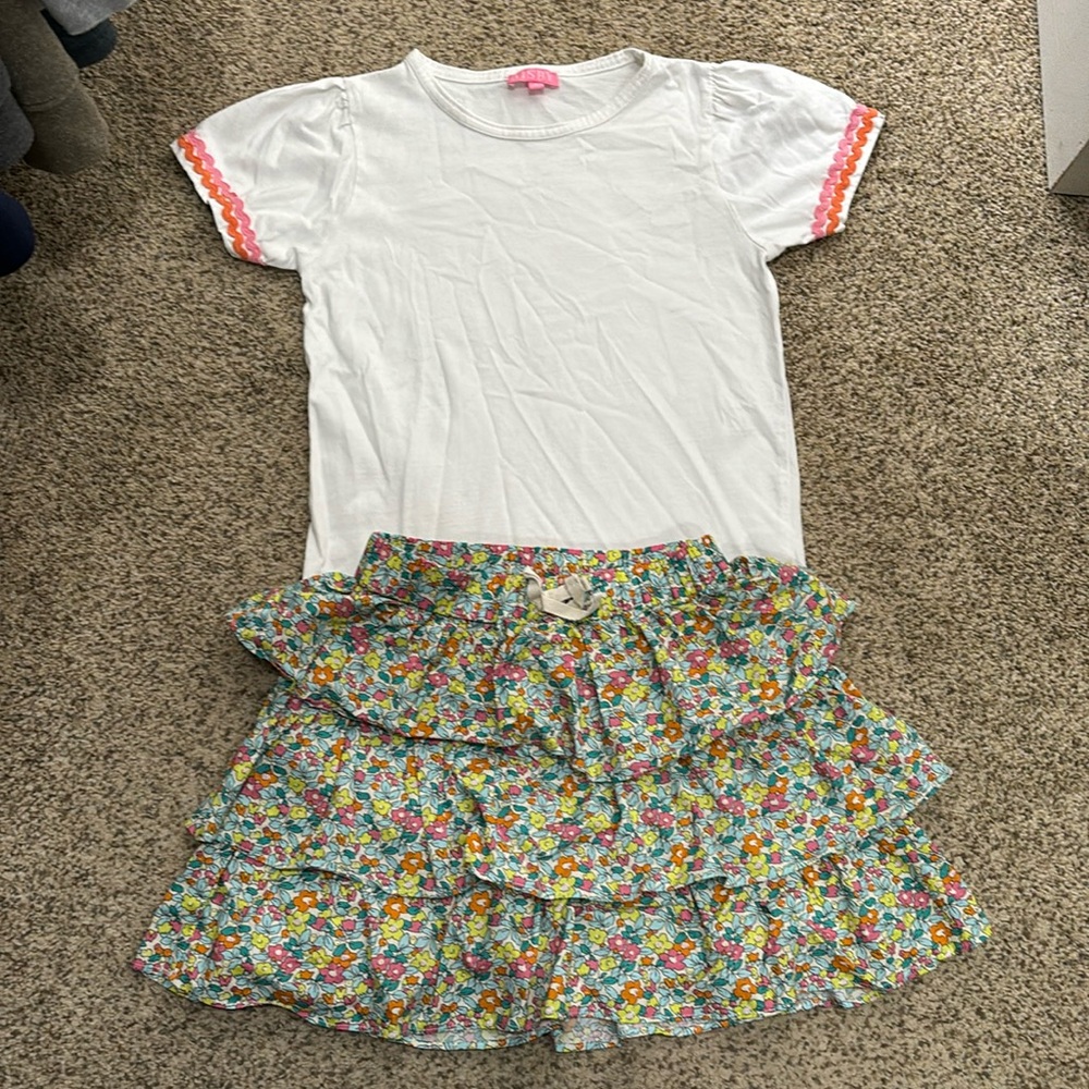 Kids White Tee & Floral Ruffle Skirt Matching Set
